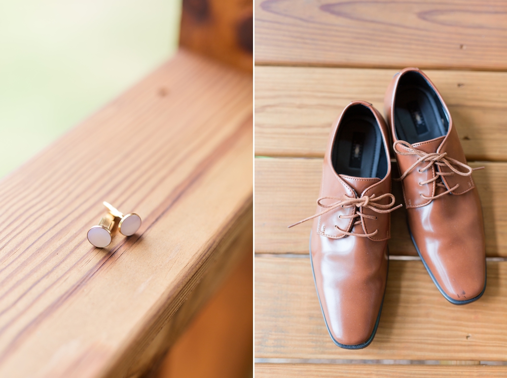 groom shoes and cuff links on the porch of enchanted acre's groom suite
