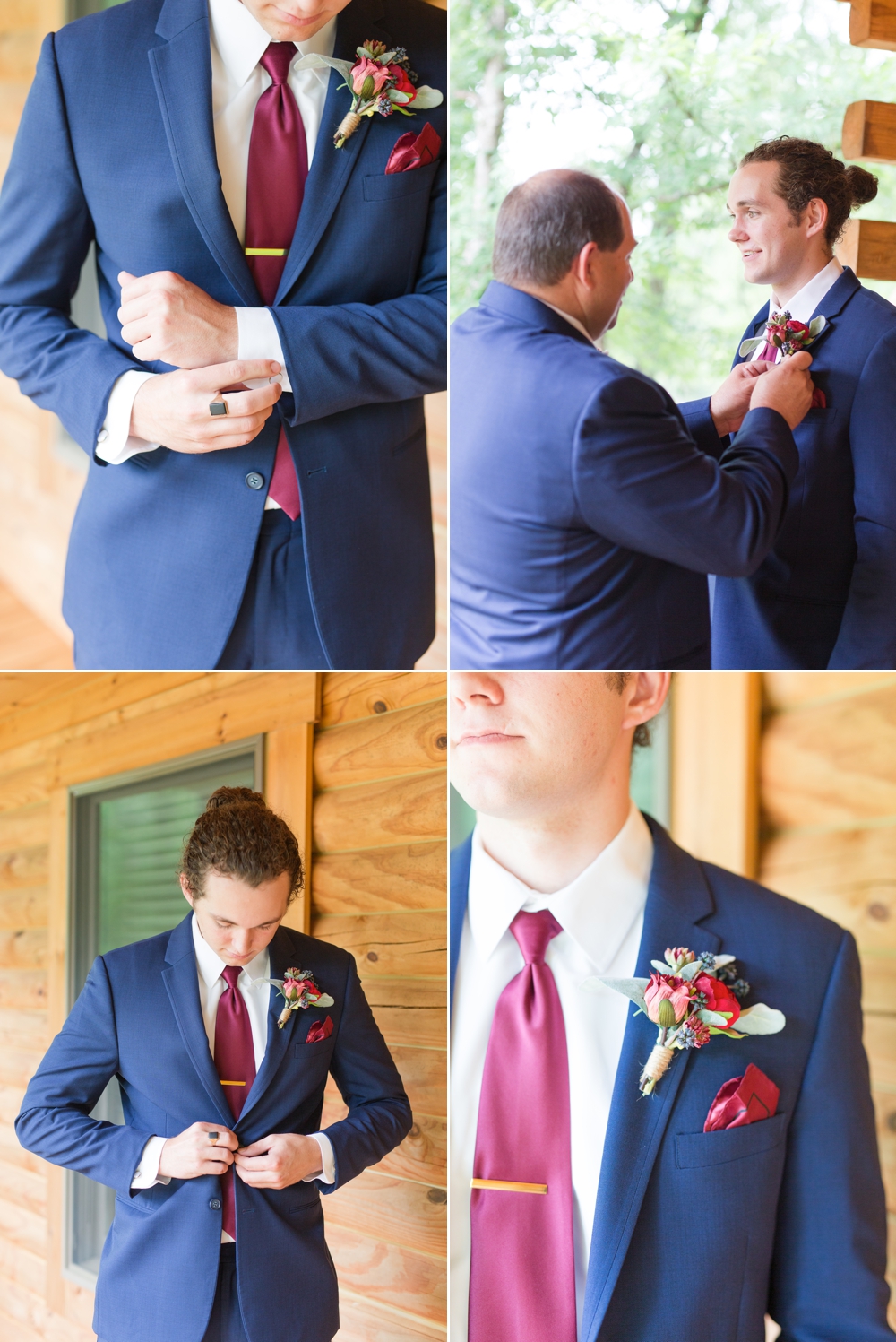 groom getting tie fixed on enchanted acre's groom suite porch