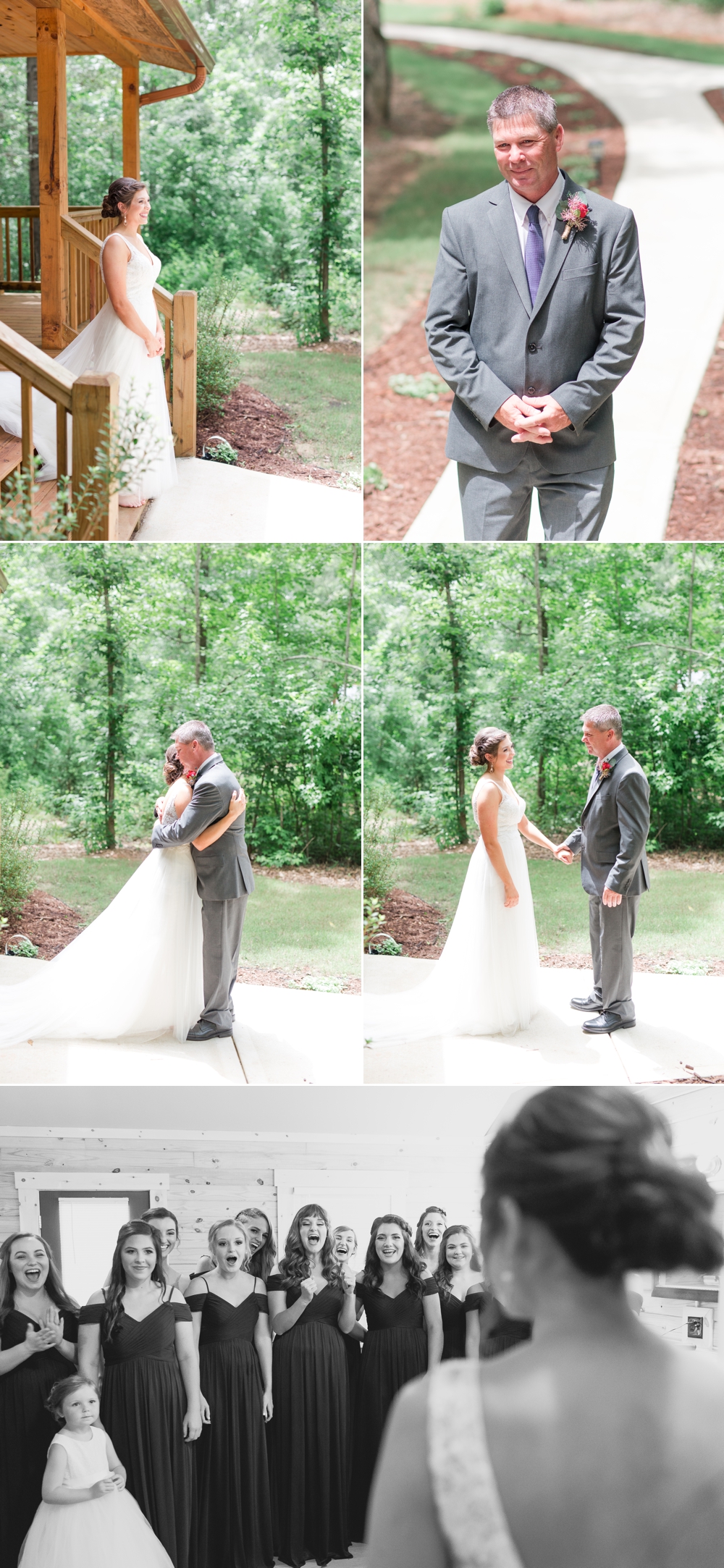 daddy daughter first look outdoors of the bridal suite in Greenwood South Carolina's forest at enchanted acres
