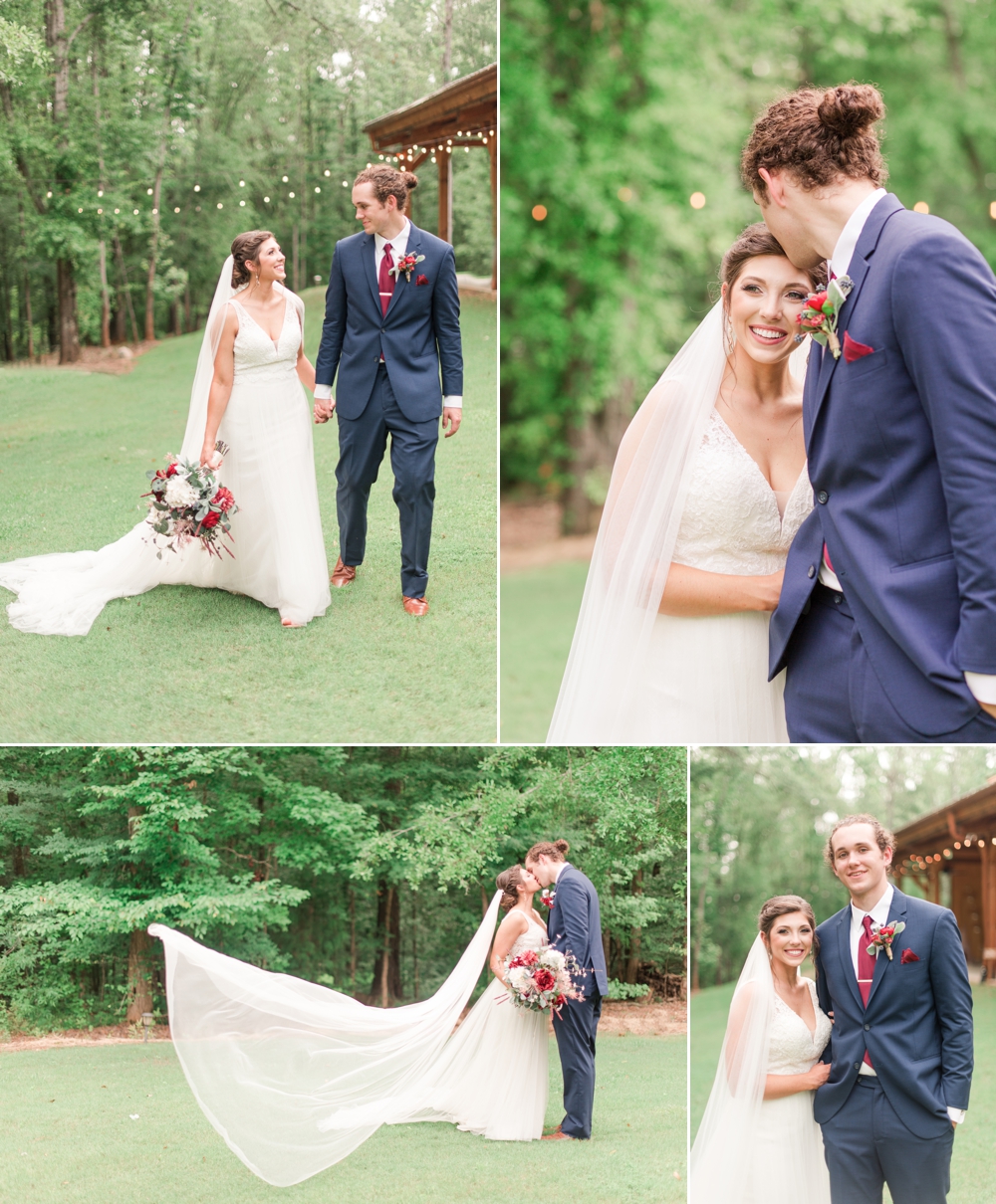 bride and groom with epic veil portraits in front of woods of Greenwood South Carolina