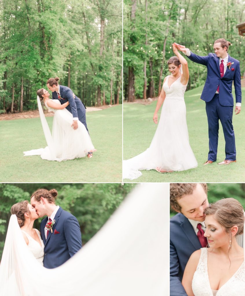 portraits of happy newly married couple on outdoor property of enchanted acres wedding venue