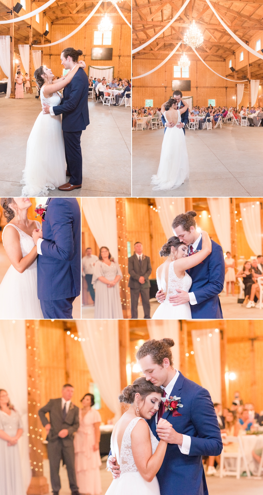 bride and groom dancing with one another at their enchanted acres wedding reception