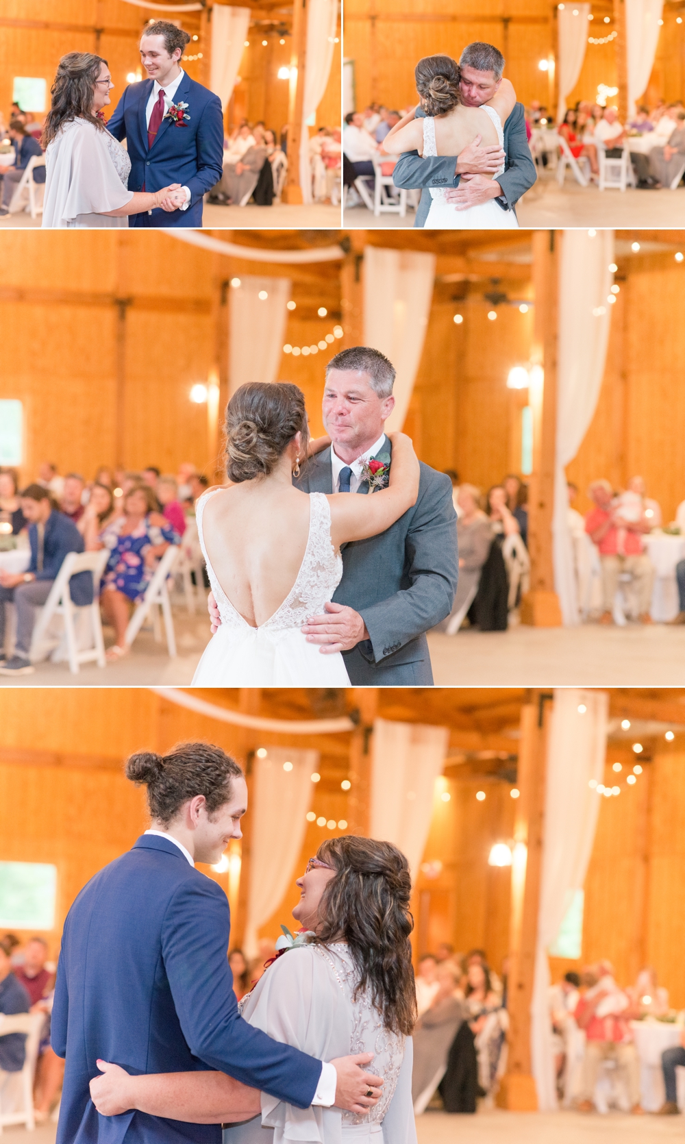 bride dancing with her dad, groom dancing with his mom and their wedding at enchanted acres in Greenwood South Carolina