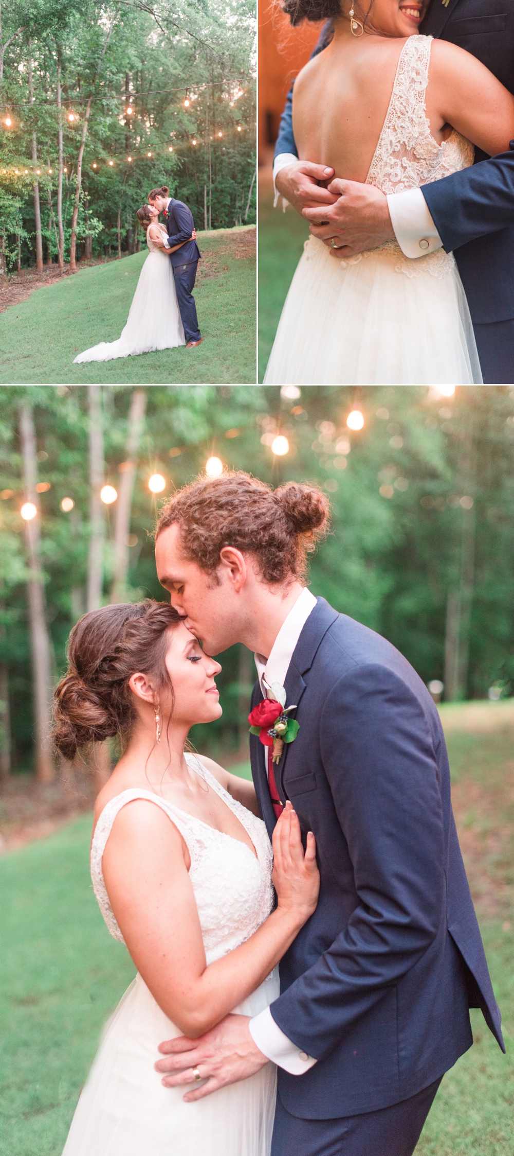 various photos of bride and groom embracing one another at their enchanted acres wedding