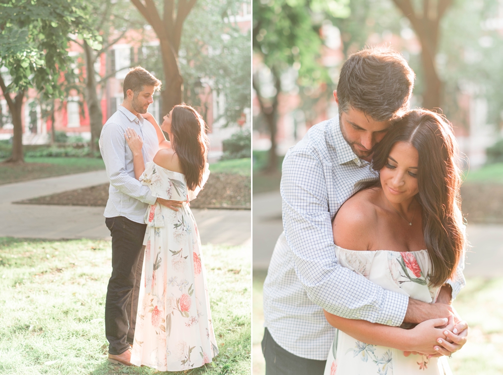couple embracing for their Washington square park engagement photos