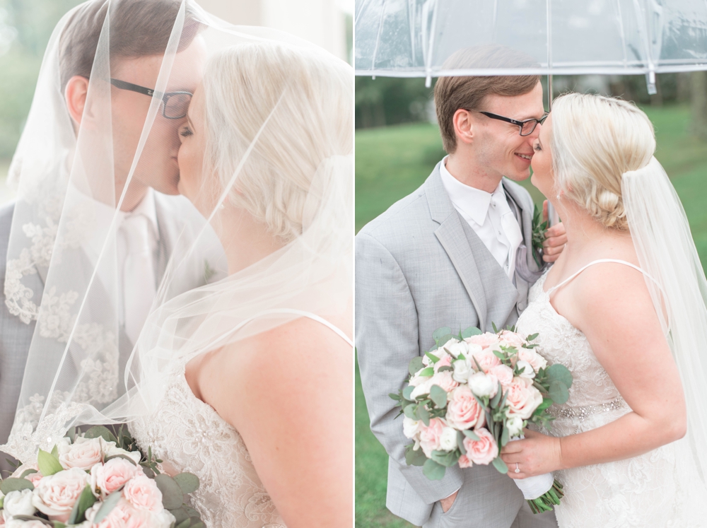 Bride and groom under an umbrella and under a porch on their wedding day when it rained