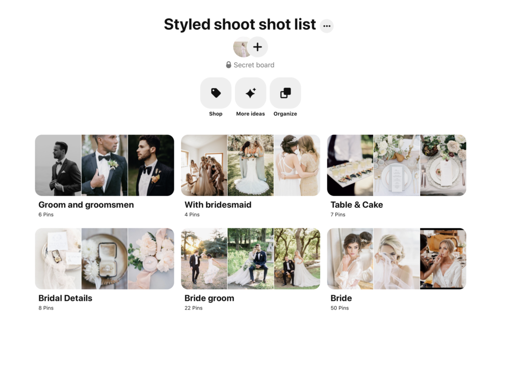 a visual styled shoot shot list created on Pinterest
