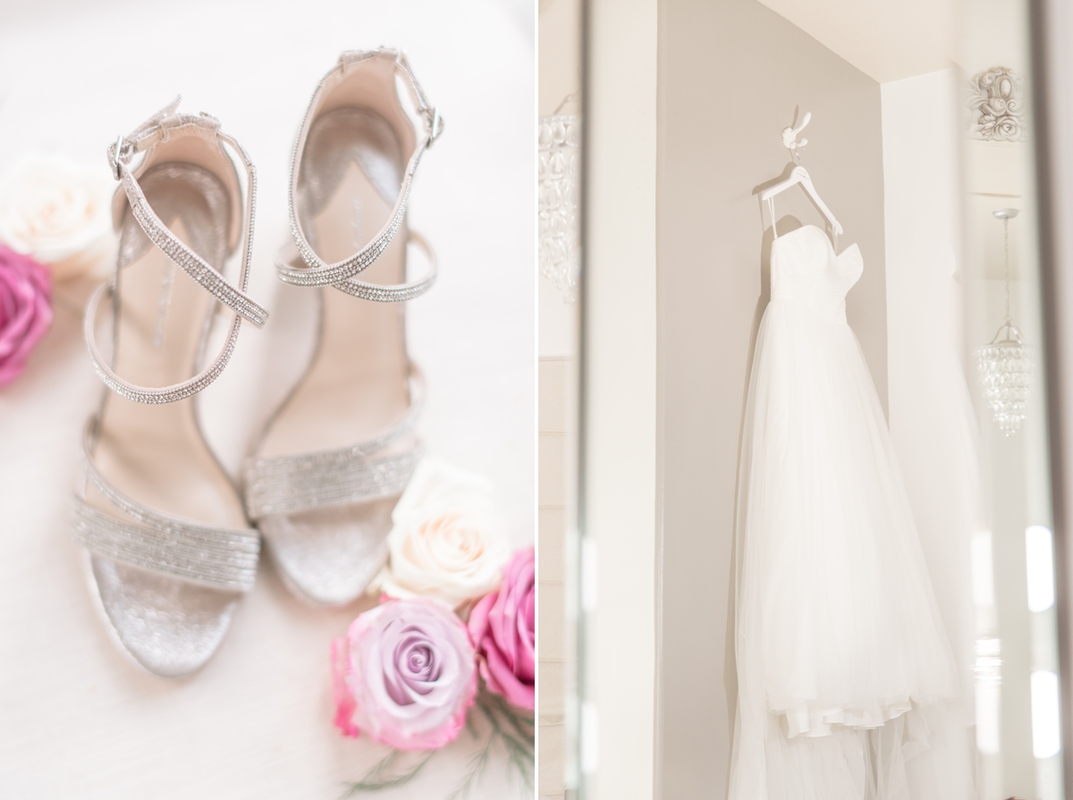 brides dress and shoes photographed in the bridal suite at Bella vie lubbock