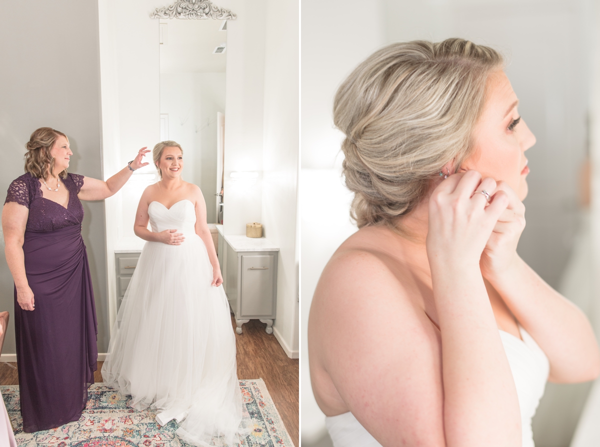 bride putting on earrings and standing next to her mom in bridal suite and Bella vie lubbock texas