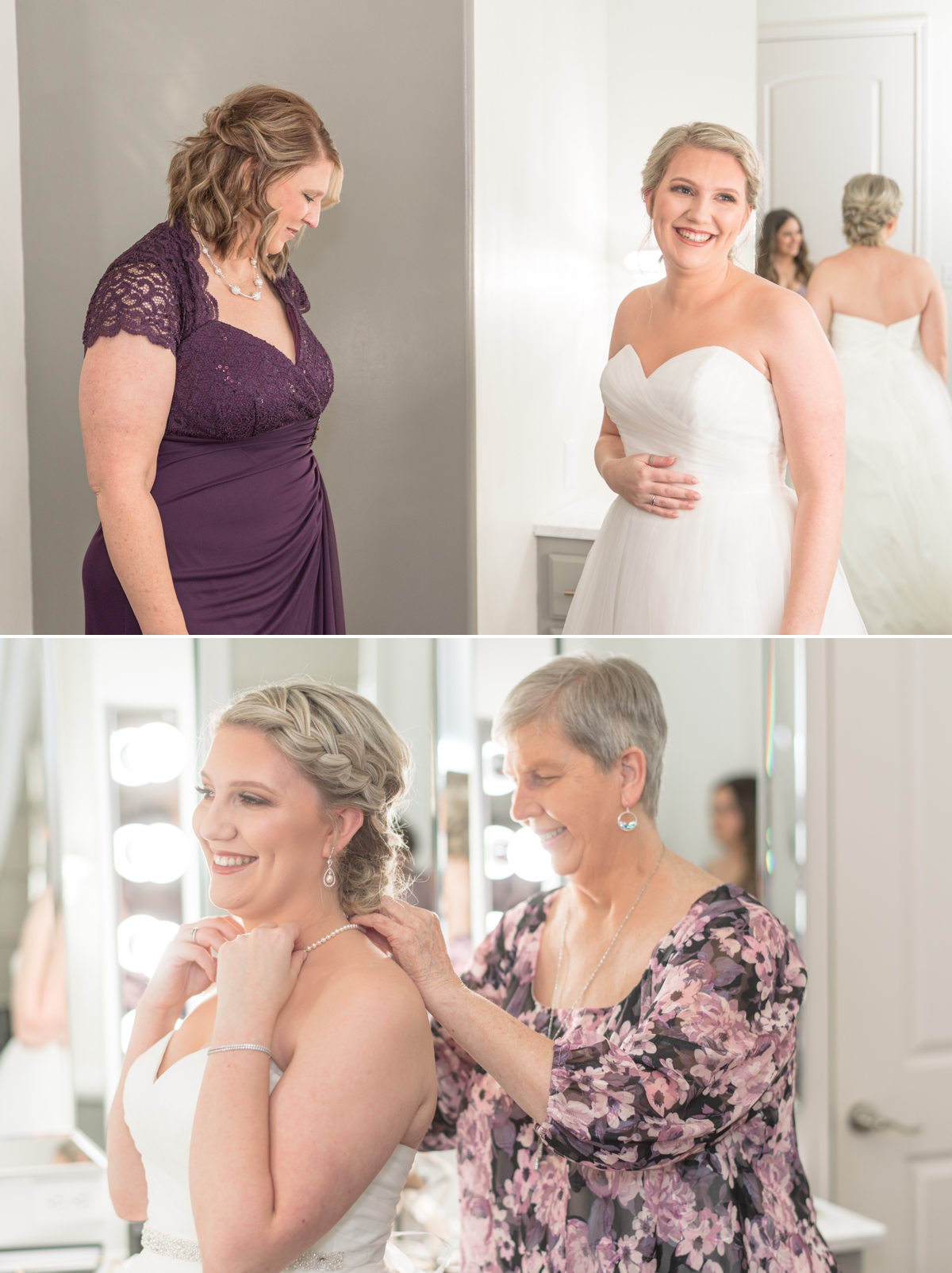 bride getting her necklace put on by her Grandmom in bridal suite at Bella vie
