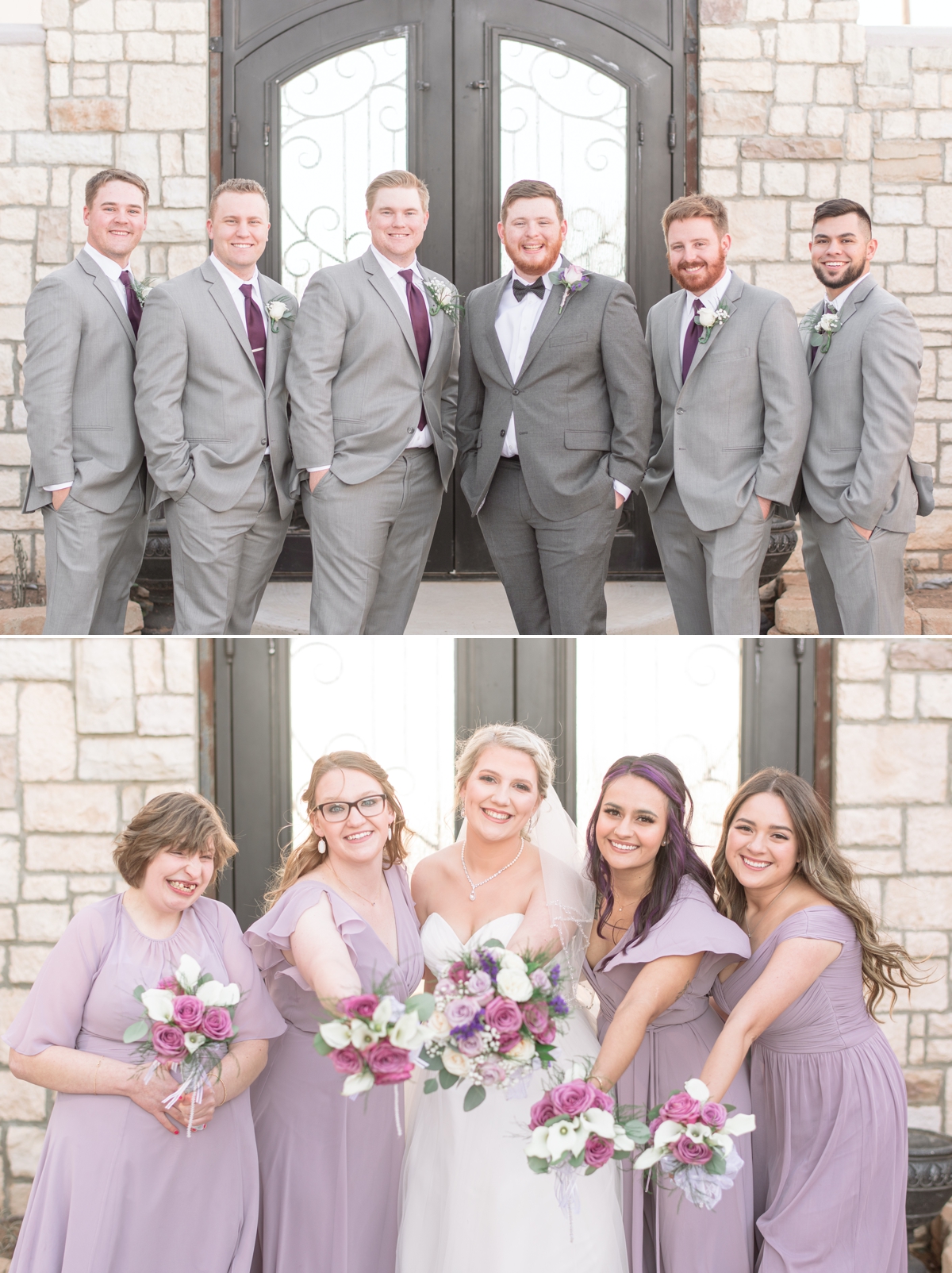 bridesmaids and groomsmen pictured outside in courtyard at Bella vie