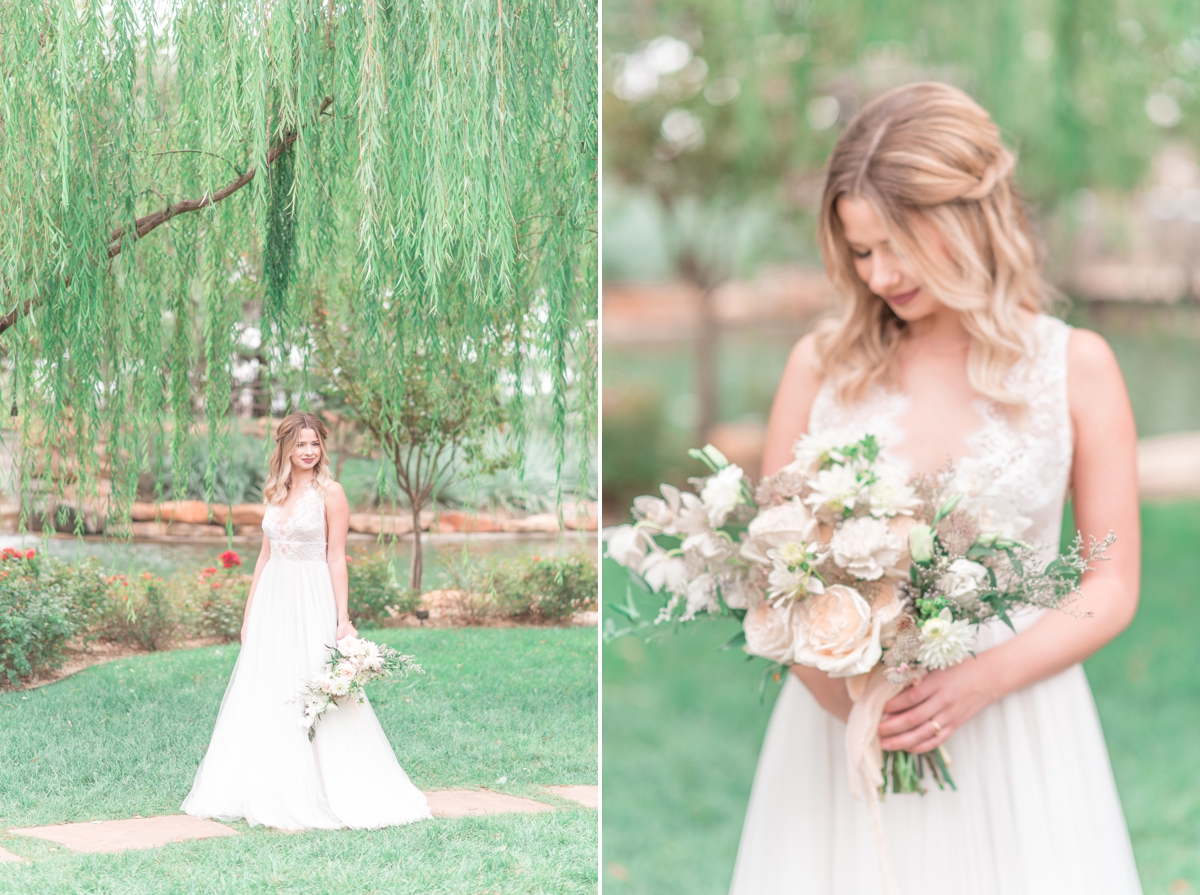 bridal portraits taken in front of the willow tree at the willows event center for weddings in lubbock texas