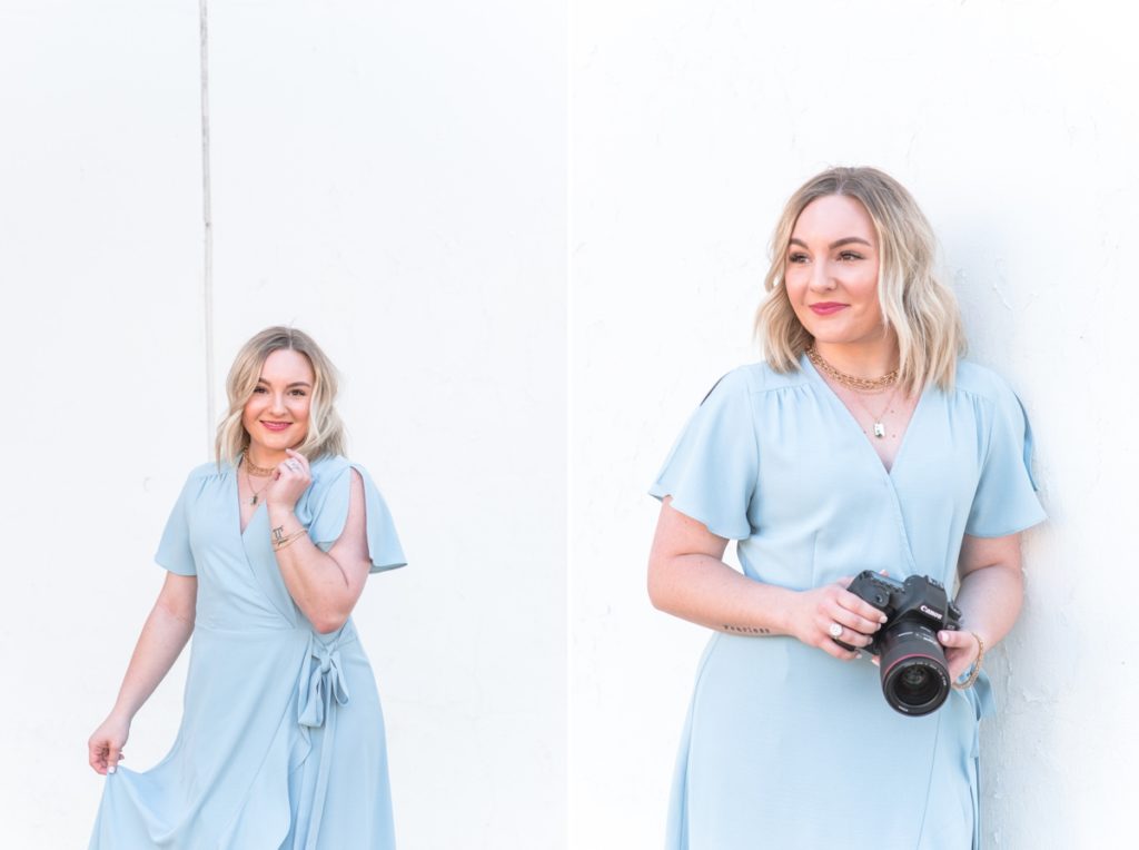 beautiful branding photos with Kaitlin holding her camera for her wedding photography business