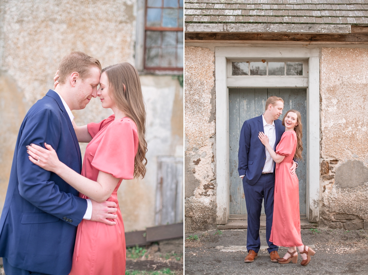 couple forehead to forehead for their engagement portrait session in New Jersey