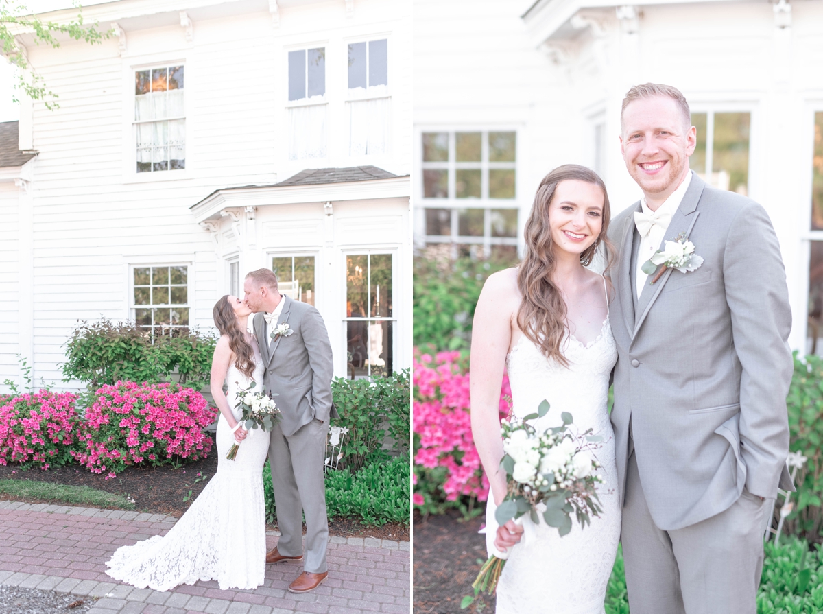 couple smiling at camera in front of Abbie Holmes estate in cape may New Jersey 