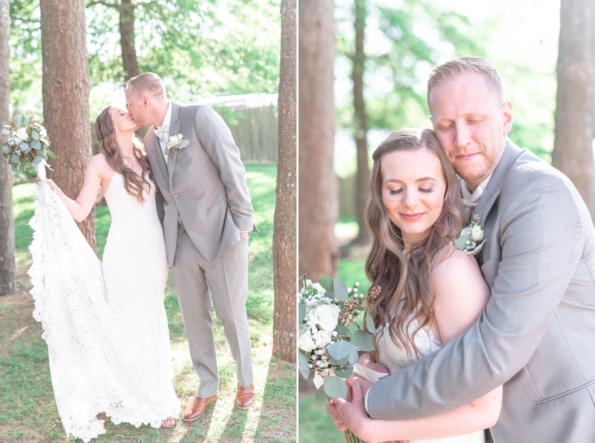 bride and groom embracing in the woods at Abbie Holmes estate wedding in cape may New Jersey