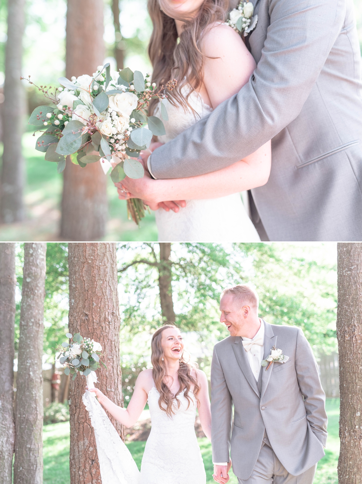 bride and groom laughing in the wooded area at Abbie Holmes estate in cape may NJ