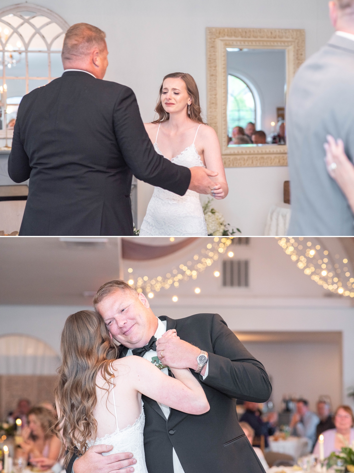 bride tearing up when father of groom offered to dance with bride for father daughter dance at their cape may wedding