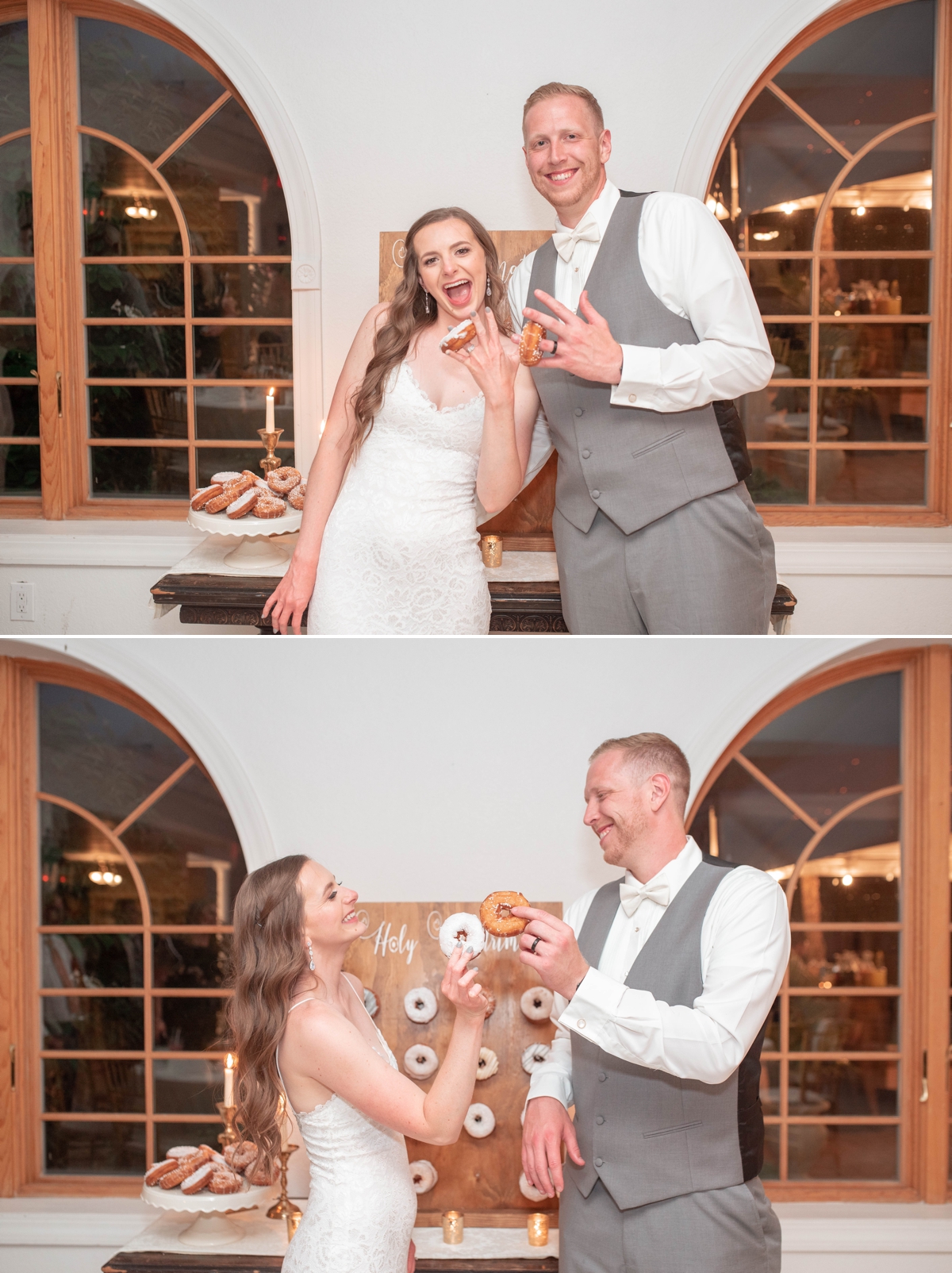 bride and groom toasting their donuts at their cape may wedding reception