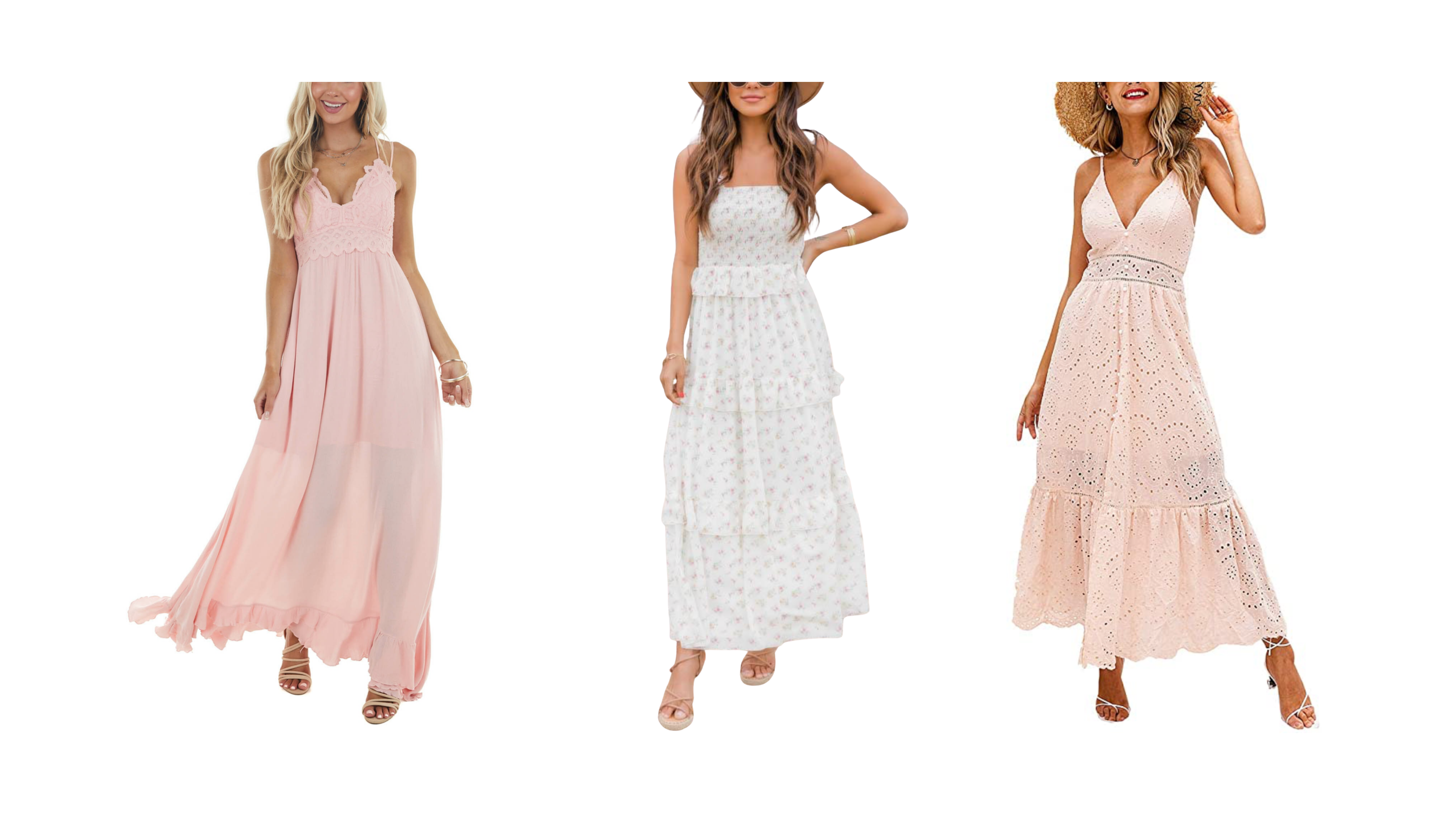 three sundresses in pink and white for summer engagement photos
