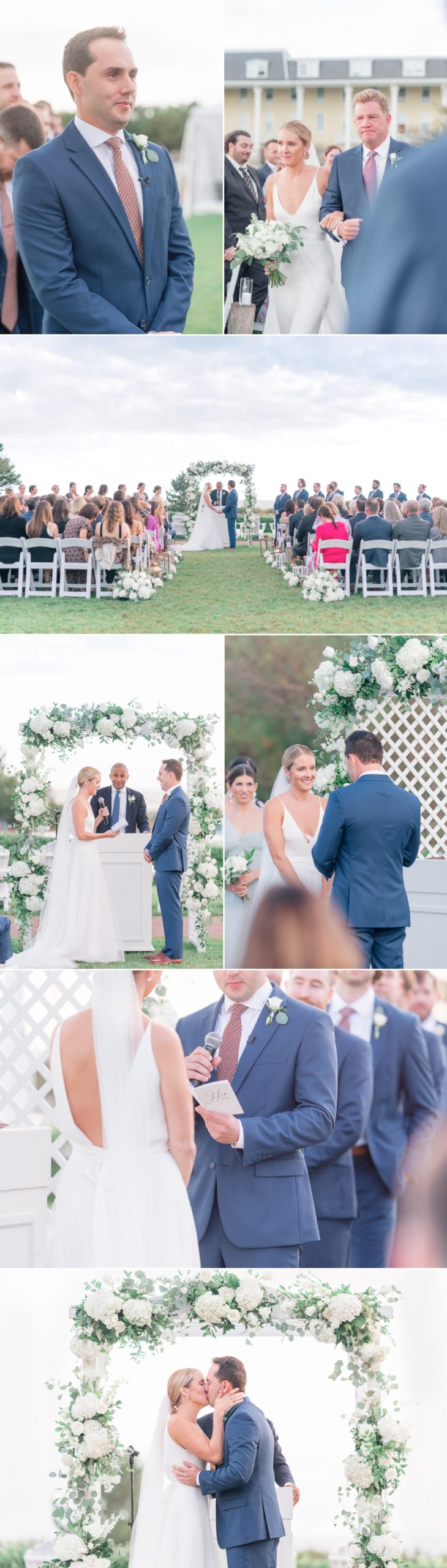 a beautiful outdoor wedding ceremony on the front lawn across from the cape may beach at congress hall in New Jersey