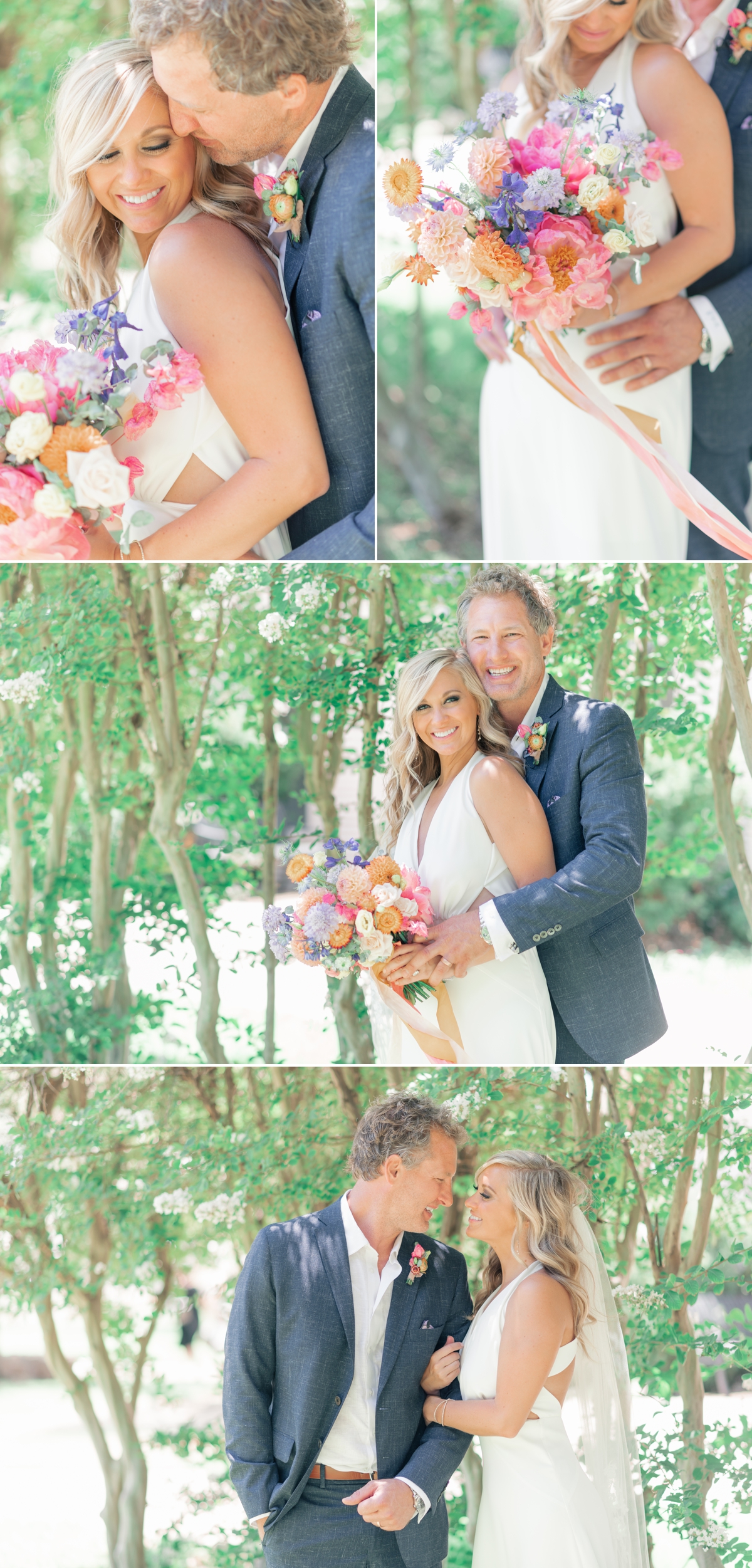 colorful bouquet is a featured detail of this simple backyard intimate summer wedding
