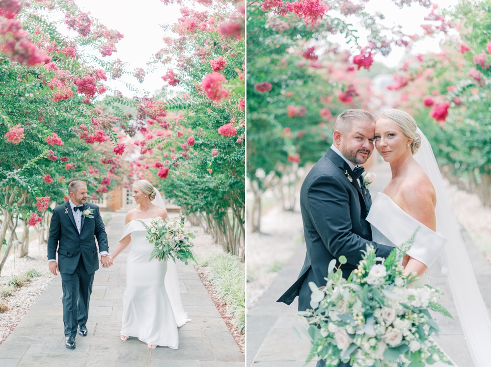 bride and groom in crepe myrtle trees at the estate at river run