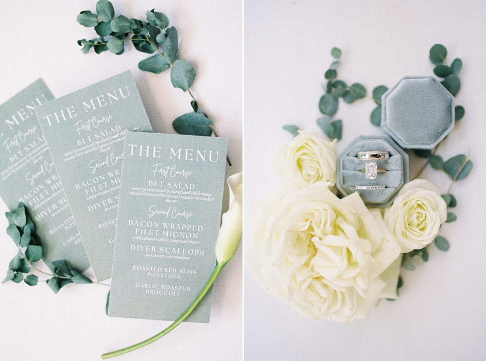 Flat lay of wedding day details including custom menus, favors, and napkins.