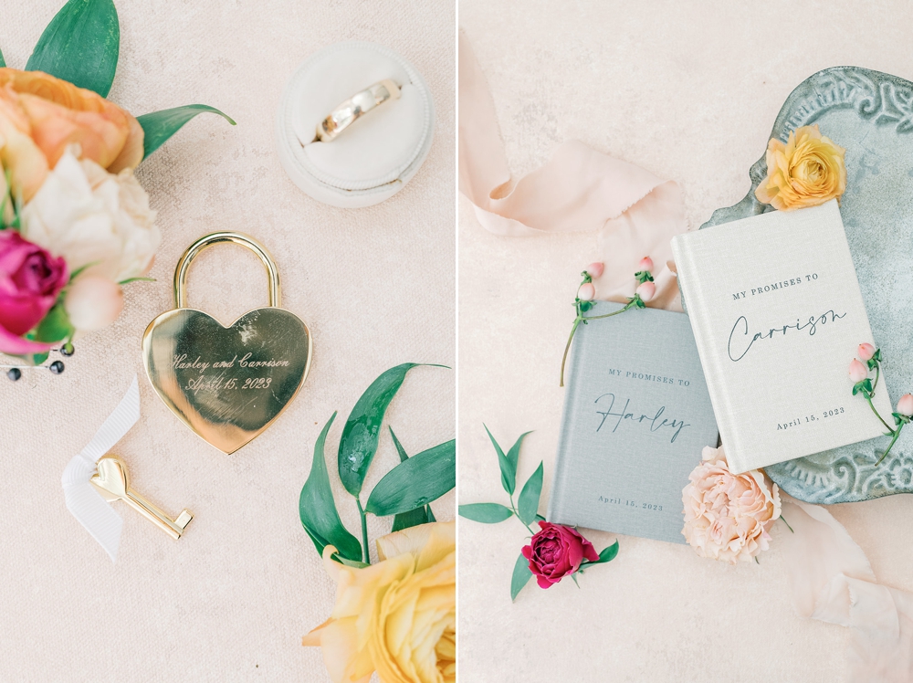 Sentimental trinkets for flat lay wedding photos representing love and memory.